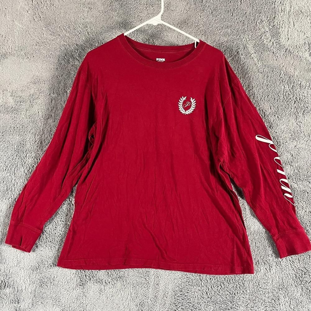 Pink Victoria's Secret Shirt Womens Medium Red Long Sleeve Laurel Crest Logo Tee